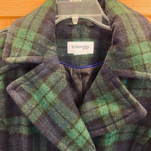 St. John's Bay Dark Green and Purple-ish/Blue Plaid Wool Peacoat. Size XL